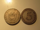 Foreign Coins: 1966 & 19870 Panama 5 Centismos