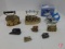 (2) reproduction brass irons, PTC ceramic mini iron in box, and other miniature reproductions