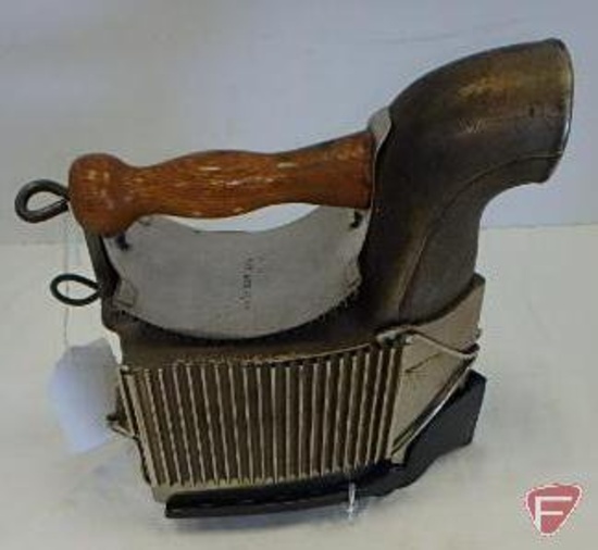 Pease charcoal fluting iron: complete with trivet and fluting attachment