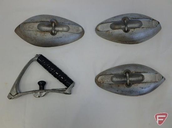 Sloped-handled iron: detachable handle and 3 bottoms in different sizes,a complete set