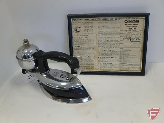 Coleman pressing iron; model 609A with directions on operating it
