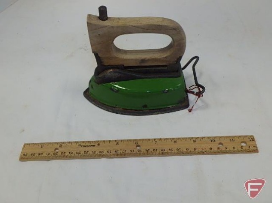 Czechoslovakian green enamel pressing iron with wood handle