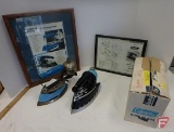 Coleman gas and kerosene irons; with box and framed advertising, All 5 pieces