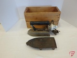 Tailor's electric iron, Gross Star by L Behrstock Company, No19935, with trivet in wood box