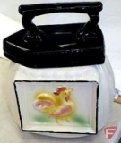 Rooster Cookie Jar with sad iron top, and mugs