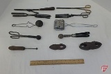 Assortment of hand tools, fluting scissors, soap saver, button hole press, mini egg iron