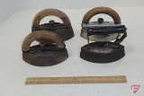 Sad irons with detachable handles, one with markings HDW B-C Co., one Mrs Potts,