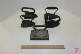 2 piece Geneva hand fluter, (2) flat irons with replaced handle, Geneva sad iron marked with star,