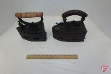 Charcoal irons, makers unknown, one marked KK with bird latch and