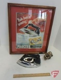 Proctor Electric Company Never-Lift iron, No 961, and framed and matted Proctor advertising, 1945,