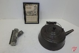 Silko tea kettle, ironing attachment and framed advertising 7inHx5inW