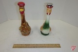 (2) long neck rooster sprinkler bottles, white/green one has hairline crack and chip on neck, both