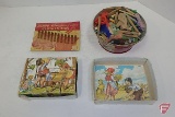 Wood block puzzle in box, Zippo Snagproof plastic clothes pins, and