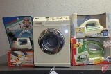 Miele Novotronic toy washing machine, (2) Philips toy irons, Casdon toy iron, and a French toy iron