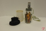 Glass Jar with clothespins electric lamp with shade and ornament, both