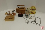 Wood sewing box, Iron sewing kit tin with box, iron tape measure, Polly Pet Household set in box,