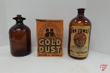 Hi-lex brown glass jug, Fun-to-Wash brown glass jar, and Fairbanks Gold Dust washing powder box