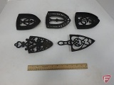 Metal trivets, Mrs Potts Crown, Colebrookdale Iron Co, Enterprise Mfg Co, and two others