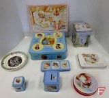 Beatrix Potter items, tins, bank, collector plate, puzzle