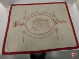 Red work embroidered cloth to cover laundry basket, Frische Wasche means clean laundry,