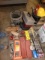 Tackle Box, Wash board, baseball bat, hard hat, funnels and clamps