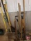 Yard tools: potato fork, axe, hoes, ice chisel, scoop shovel, rake, and more