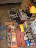 Tackle Box, Wash board, baseball bat, hard hat, funnels and clamps