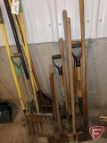 Yard tools: potato fork, axe, hoes, ice chisel, scoop shovel, rake, and more