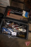 Plastic tool box and contents: Crescent adjustable wrench, screw drivers,