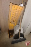 Metal car ramps, scoop shovel, shop broom, and dustpan