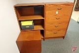 4 drawer cabinet, 3 shelf drop front cabinet, and 3 drawer file cabinet on rollers