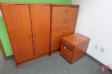 4 drawer cabinet with folder brackets, 2 door cabinet, and 3 drawer file cabinet on rollers