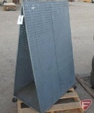 Material handling rack on casters, metal peg board
