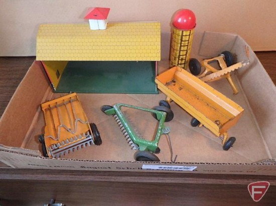 Metal toys, barn, silo, wagon, manure spreader, and others