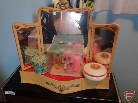 Plastic vanity with mirror and drawer, 21inHx22inW, powder containers, and perfume set, all