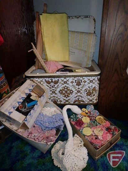 Sewing basket with sewing items, rag rug balls, quilting/crafting items, all
