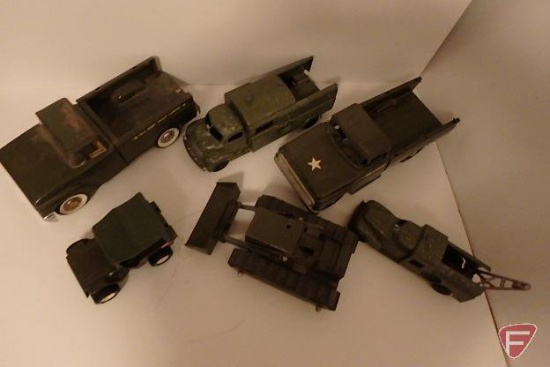 Toy (2)Hubley Bell Telephone truck, Tonka service truck, Structo Army truck, Cat with bucket,