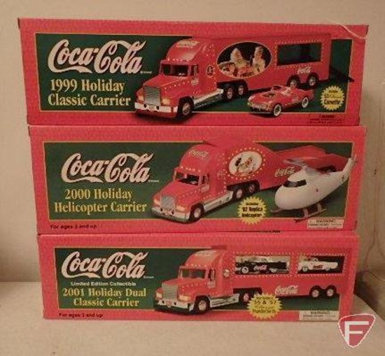 Toy (3) Coca Cola Holiday semi truck and trailer, Corvette, Helicopter, Thunderbird, All 3, in box