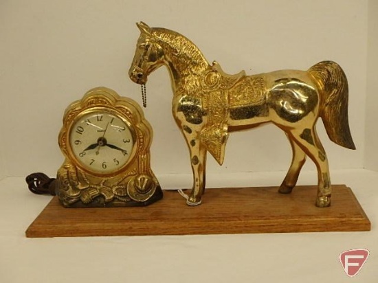 Metal horse and electric clock on wood base, 17inW