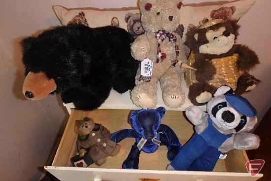 Assortment of bears, pillow is Dakota, Russ, Boyds, and others