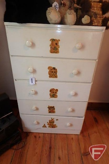 Wood childs dresser with decals and wood knobs, 43inHx26inWx15inD