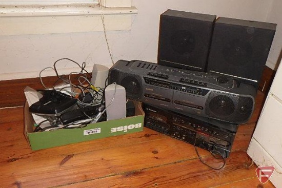 Casio radio with Emerson tape deck with speakers, telephone and other parts