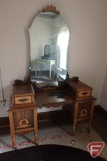 Vanity, mirror is cracked and burn mark on top, 46inW