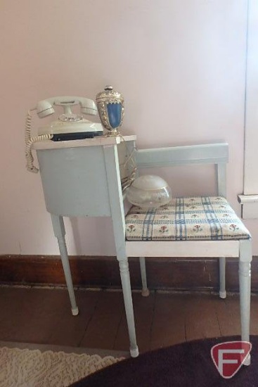 Telephone desk/chair, upholstery stained, with Empress telephone, lamp globe, centerpiece, all