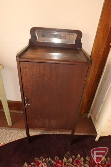 Vintage record cabinet with mirror, including VHS movies, 43inHx18inWx14inD, some stains