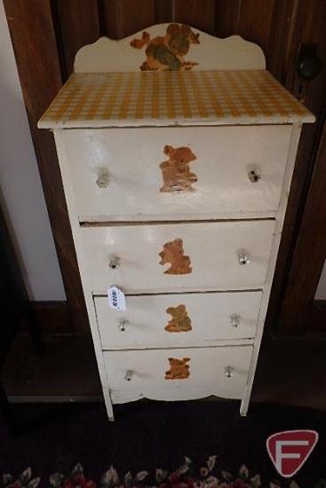 Wood childs dresser with decals and glass knobs, 42inHx19inWx14inD