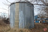 Round corn crib with metal siding, hidden door lock, silo roof, 2 stories, interior shelving