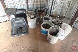 Tractor seats, plastic fittings, LP burner, 5 gallon pails of parts