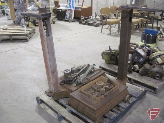 Pallet with two platform scales, assorted platform scale parts and weights