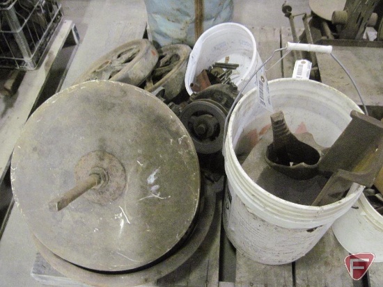Group of pulleys, grinding wheel, misc. parts